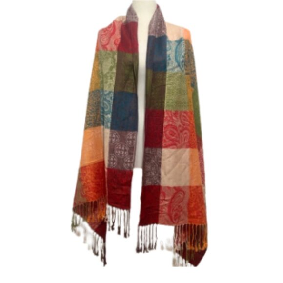 Colorblock quilt look colorful fringe edge feminine art to wear scarf shawl - Picture 1 of 7